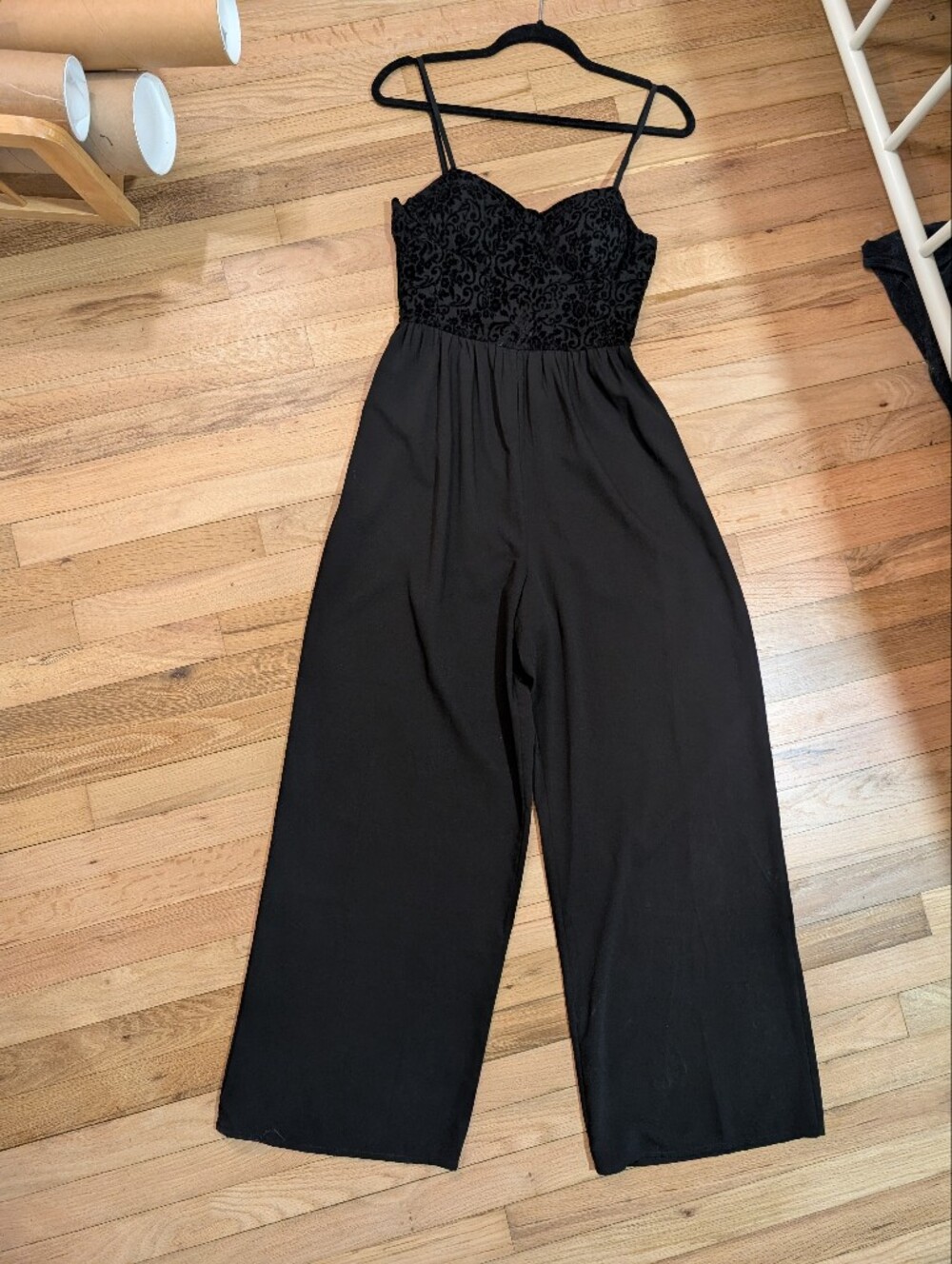 Black Women's Wide-Leg Jumpsuit with Embroidered Bodice